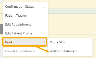 Quick Actions menu with a yellow highlight box around Print with a yellow arrow pointing towards Walkout Statement.